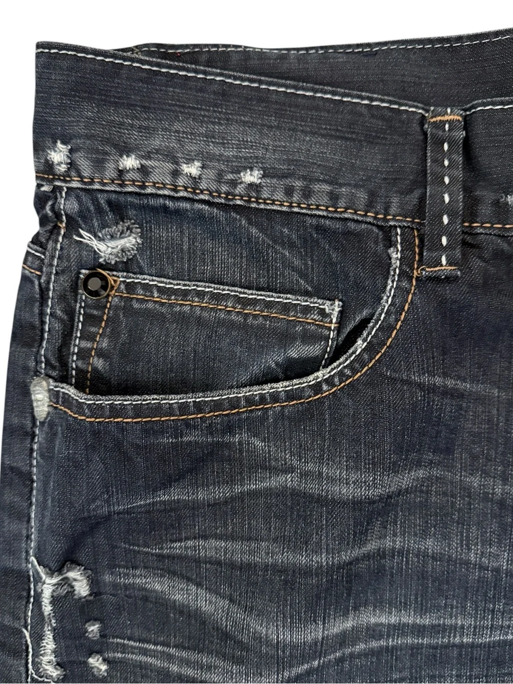 Y2K Circle Of Life Surf Crazy Skull Flap Pocket Jeans 38x31 Distressed Blue